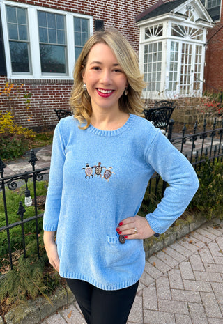 Lulu B Chenille Periwinkle Embroidered Turtle Sweater