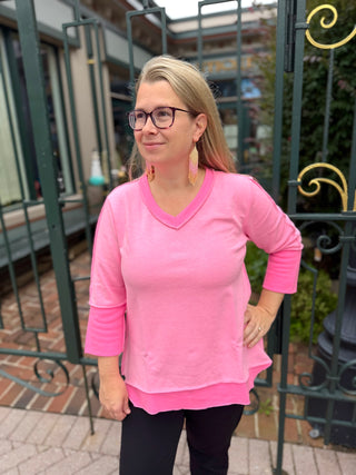 Lulu B Bright Hot Pink Stripe Trim Button Back V-Neck Top