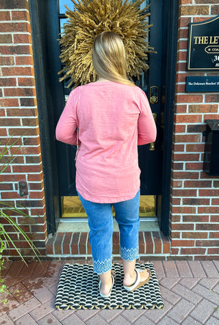 EverStretch Straight Capri with Bottom Embroidery Medium Denim