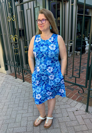 Tango Modern Blue Flower A-line Dress with Pockets