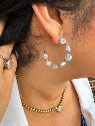 Silver and Pearl Abstract Hoop Earrings