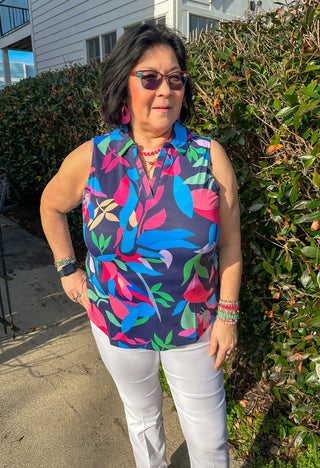 Tango Mango Midnight Tropical Sleeveless Collar Top