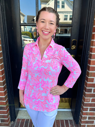 Lulu B Pink Coral Long Sleeve Collar Top