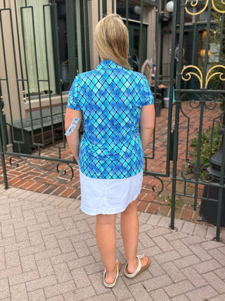 Beachtime by Lulu B Blue Window Pane Hearts Short Sleeve Zip Top