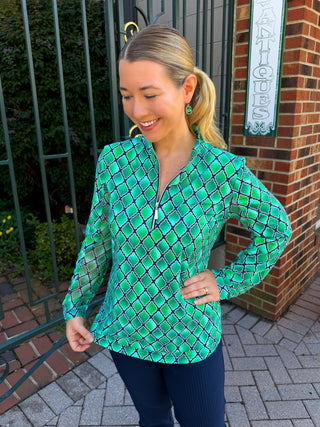 Beachtime by Lulu B Green Window Pane Quarter Zip-Up Pull-Over