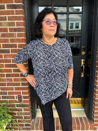 Beachtime by Lulu B Black Splatter Asymmetrical Scoop Neck Top