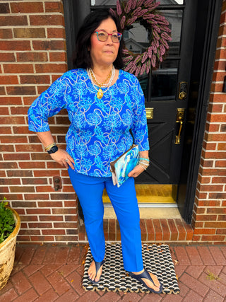 Lulu B Blue Corals Crew Neck 3/4 Sleeve Top