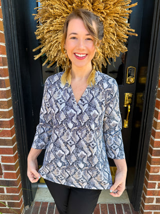 Lulu B Dark Python V-Neck 3/4 Sleeve Top