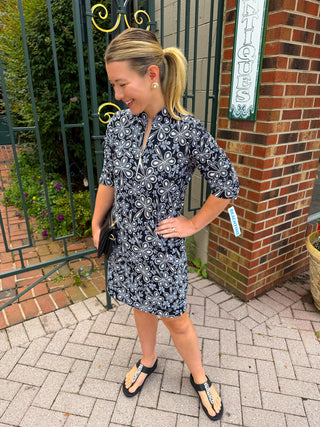 Beachtime by Lulu B Black Flower Power Short Sleeve Quarter Zip Pocket Dress
