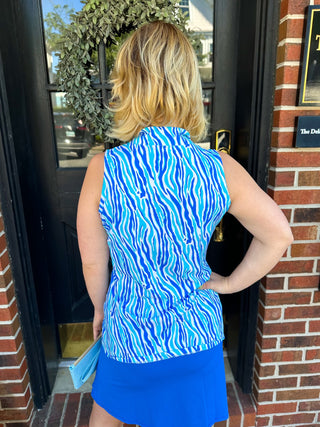 Lulu B Blue Zebra Sleeveless Zip Top