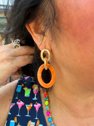 Linked Acrylic & Textured Metal Oval Earrings Orange