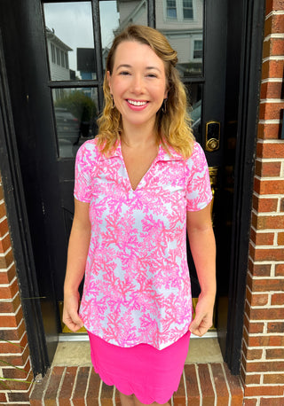 Lulu B Pink Coral Short Sleeve Collar Top
