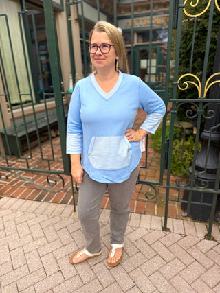 Lulu B Clear Periwinkle Stripe Trim Kangaroo Pocket V-Neck Top