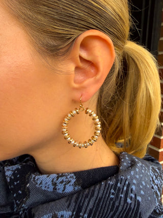 Pearl and Gold Beaded Hoop Earrings