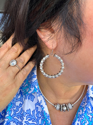 Pearl and Silver Beaded Hoop Earrings