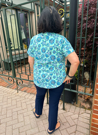 Lulu B Gingham Seafoam Shells Short Sleeve Collar Top