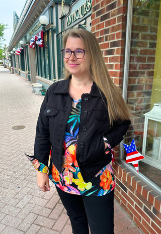 Tango Mango Black Tropical Floral Linen Jacket