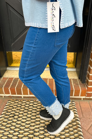 Lulu B Dark Wash Denim Cuff Pearl Pant