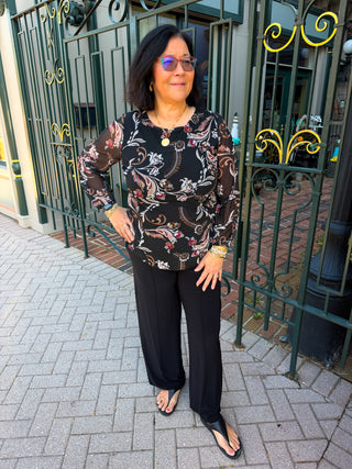 Tango Mango Black Baroque Floral Lined Mesh Blouse