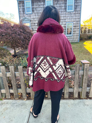 Merlot Aztec Wrap with Faux Fur Trim with Hood