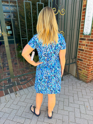 Lulu B Dark Blue Vine Short Sleeve Quarter Zip Dress