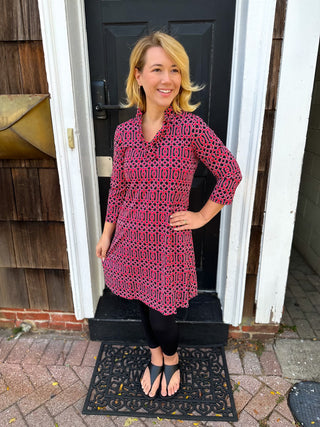 Lulu B Geometric Crimson Ruffle Collar Dress – Blooming Boutique Lulu B Geometric Crimson Ruffle Collar Dress – Blooming Boutique