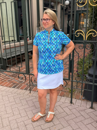 Beachtime by Lulu B Blue Window Pane Hearts Short Sleeve Zip Top