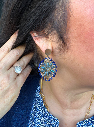 Navy Beaded Flower Earrings