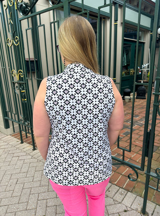 Beachtime by Lulu B Black and Stone Flower Sleeveless Zip Up