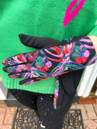 Fleece Floral Gloves Black Fuchsia