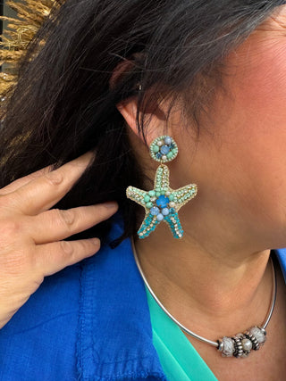 Aqua Starfish Beaded Post Earrings