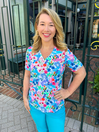 Lulu B Tropical Dragonfly Short Sleeve V-neck Top