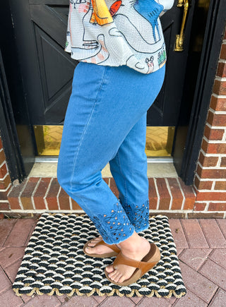 Lulu B Clear Denim Sparkle Flower Capri