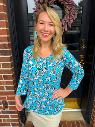 Lulu B Clear Turquoise Shells Crew Neck 3/4 Sleeve Top