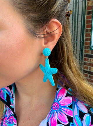 Wrapped Raffia Starfish Earrings Aqua