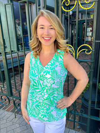 Lulu B Clear Kelly Hibiscus Sleeveless V-neck Top