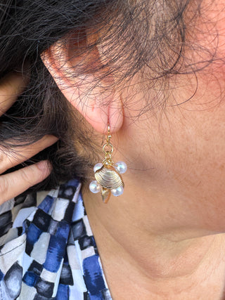 Gold Shell and Pearl Dangle Earrings