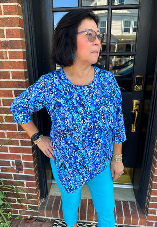 Lulu B Dark Blue Vine Asymmetrical Scoop Neck Top