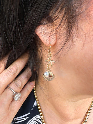 Gold Shell and Starfish Dangle Earrings