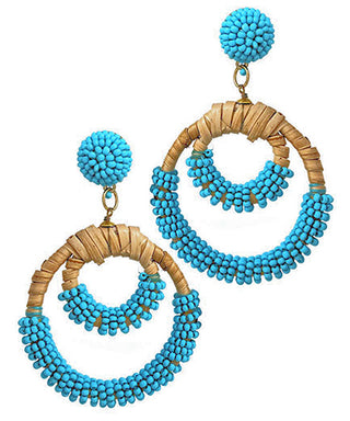 Seedbead & 2 Circle Rattan Earrings Blue
