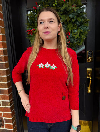 Lulu B Crimson Poinsettia Chenille Sweater
