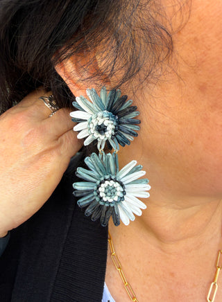 Raffia Black and White Flower Earrings