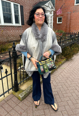 Grey and Cream Wrap with Faux Fur Trim