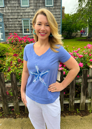 Escape by Habitat Women's Cotton V-Neck Tee Baja Blue Starfish