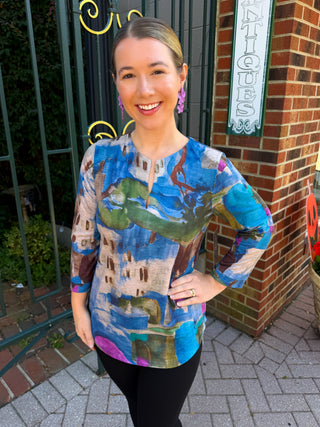 Tango Mango Blue Watercolor Abstract Notch Neck Top