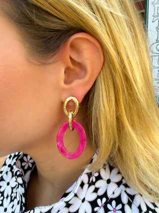 Linked Acrylic & Textured Metal Oval Earrings Fuchsia
