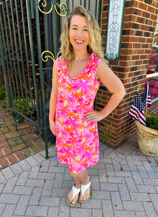 Lulu B Pink Palm Tree Ruffle Neck Dress