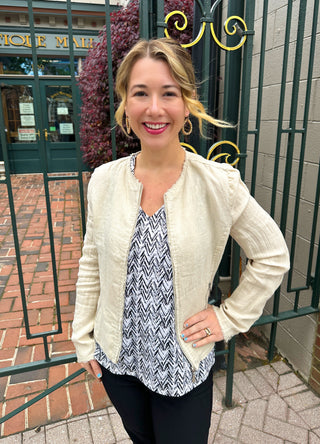 Lulu B Chic Stone Frayed Edge Linen Zip Jacket