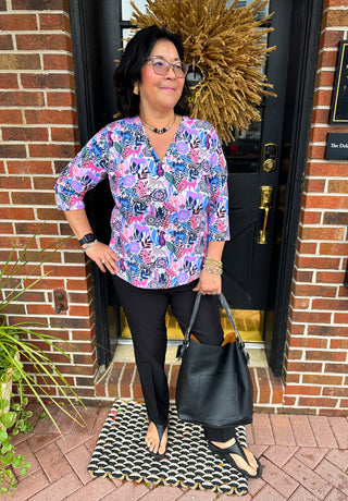 Lulu B Bright Jungle V-Neck 3/4 Sleeve Top