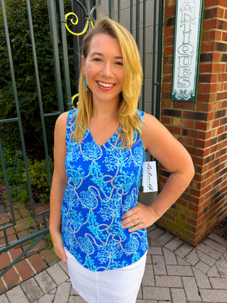 Lulu B Blue Corals Sleeveless V-neck Top